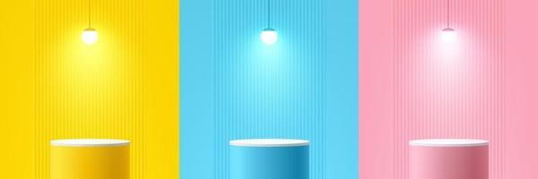 conjunto de pódio de suporte de cilindro 3d realista amarelo, azul e rosa com textura vertical, lâmpada de néon bola. vetor abstrato renderização de formas geométricas. cena mínima pastel. vitrine de palco, exibição de produtos.