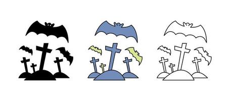 ícone de morcego voando sobre o cemitério. conjunto adequado para o conceito de halloween. é um conjunto de ícones coloridos, silhuetas e lineares. vetor