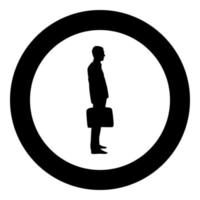 empresário com maleta homem de pé com uma bolsa de negócios na mão ilustração de cor preta ícone silhueta em círculo redondo vetor