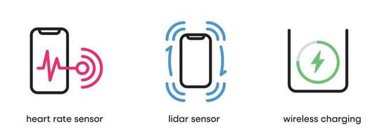 conjunto de ícones de sensores de telefone. frequência cardíaca, carregamento sem fio e sensor lidar. este ícone é o conjunto de ícones de dispositivos inteligentes. conjunto de ícones do sensor de cor. traço editável. logotipo, web e aplicativo. vetor