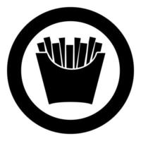 batatas fritas em pacote batatas fritas em saco de papel fast food no ícone de conceito de lanche de caixa de balde em círculo redondo ilustração vetorial de cor preta imagem de estilo plano vetor