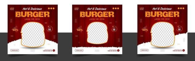 modelo de design de banner de postagem de mídia social de hambúrguer. banner social de hambúrguer, design de banner de hambúrguer, modelo de mídia social de fast food para restaurante. banner de mídia social de hambúrguer com cor amarela e vermelha.
