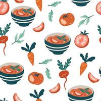 padrão sem emenda de sopa de legumes. comida saudável vegetariana orgânica. produto do mercado agrícola. ótimo para menu, design de embalagem, tecido. ilustração vetorial de desenho animado vetor