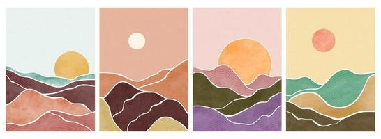 montanha, floresta, colina, onda, sol e lua em grande conjunto. impressão de arte minimalista moderna de meados do século. paisagem de fundos estéticos contemporâneos abstratos. ilustrações vetoriais vetor