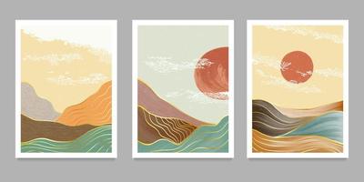 conjunto de ilustrações minimalistas criativas pintadas à mão de meados do século moderno. fundo natural da paisagem abstrata. montanha, floresta, mar, céu, sol e rio vetor
