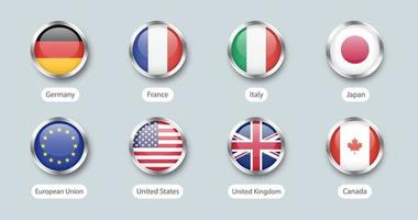 o grupo de sete bandeiras. bandeira g7 com nomes de países membros. vetor canadá, frança, alemanha, itália, japão, reino unido, emblemas de prata dos estados unidos.
