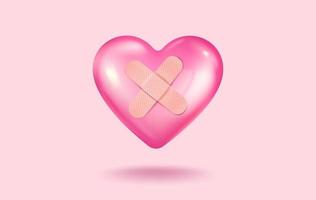 ícone de vetor de coração rosa com curativo para dia dos namorados em estilo 3d realista.