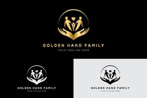 cuidado de duas mãos com o logotipo da família na cor dourada, ilustração vetorial preto e branco vetor
