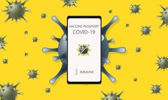 conscientização da campanha de passaporte de vacina covid-19 para controle epidêmico no aplicativo de smartphone com conceito de teste aprovado de imunidade, fundo amarelo brilhante. vetor