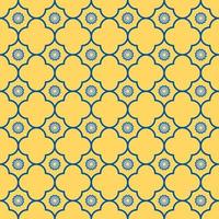 forma geométrica e pequena estrela flor grade sem costura padrão amarelo fundo de cor azul. padrão sino-português ou peranakan simples. uso para tecidos, têxteis, elementos de decoração de interiores. vetor