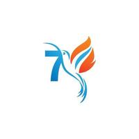 número 7 combinado com o logotipo do ícone do beija-flor da asa de fogo vetor