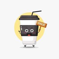 personagem de xícara de café fofo com sinal de venda vetor