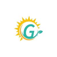 logotipo do ícone da letra g com folha combinada com design de sol vetor