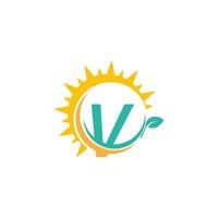 logotipo de ícone de letra v com folha combinada com design de sol vetor
