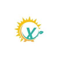 logotipo de ícone de letra x com folha combinada com design de sol