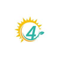 logotipo do ícone número 4 com folha combinada com design de sol vetor