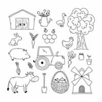 vida na fazenda. conjunto de elementos em estilo doodle. ícone de vetor de contorno.