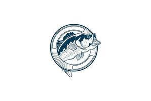 rótulo de emblema de emblema de peixe de boca grande circular baixo redondo para vetor de design de logotipo de clube de pescadores