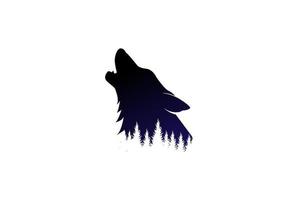 silhueta de lobo uivando retrô vintage com vetor de design de logotipo de floresta de pinheiros de cedro evergreen