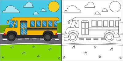 ônibus escolar na estrada adequada para ilustração vetorial de página para colorir infantil vetor