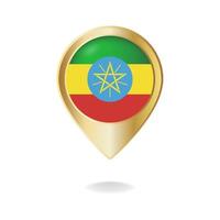 bandeira da etiópia no mapa de ponteiro dourado, ilustração vetorial eps.10 vetor