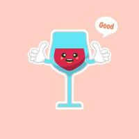 copo bonito e kawaii de vinho tinto, design de personagens de desenhos animados. mascote do álcool. vidro transparente. ilustração vetorial plana isolada na cor de fundo vetor