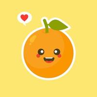 personagem de desenho animado laranja bonito e kawaii fruta isolado no vetor de fundo de cor. ícone de rosto de emoticon laranja positivo e amigável engraçado. comida de rosto de desenho animado de sorriso feliz, mascote de frutas cômicas