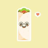 personagem shawarma. burito. desenhos animados de fast-food. vetor de frango, rolo de legumes, refeição. doner gebab, shawarma flat cartoon illustration... árabe, comida oriental, burittos, comida mexicana