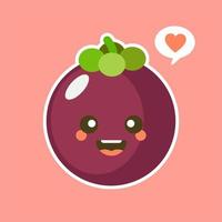 ilustração de mangostão plana bonito e kawaii dos desenhos animados. ilustração em vetor de mangostão bonito com uma expressão sorridente. design de mascote de frutas bonito