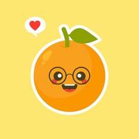 personagem de desenho animado laranja bonito e kawaii fruta isolado no vetor de fundo de cor. ícone de rosto de emoticon laranja positivo e amigável engraçado. comida de rosto de desenho animado de sorriso feliz, mascote de frutas cômicas