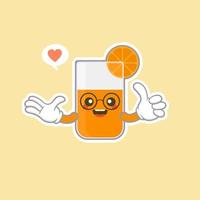 personagem de desenho animado de suco de laranja fofo e kawaii. personagem de bebida extravagante colorida. copo de suco de laranja fresco. vetor