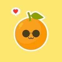 personagem de desenho animado laranja bonito e kawaii fruta isolado no vetor de fundo de cor. ícone de rosto de emoticon laranja positivo e amigável engraçado. comida de rosto de desenho animado de sorriso feliz, mascote de frutas cômicas