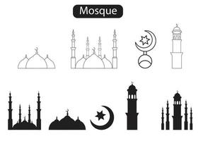 um conjunto de ícones e silhuetas de mesquita vetor