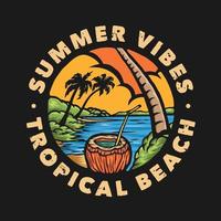 logotipo de distintivo de praia tropical de vibrações de verão vintage vetor