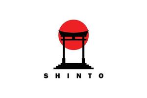 porta torii e ilustração vetorial de design de logotipo de marco japonês de sol vermelho