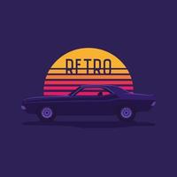 muscle car americano no fundo de uma ilustração de wave.vector de sol retrô listrado no estilo dos anos 80. vetor