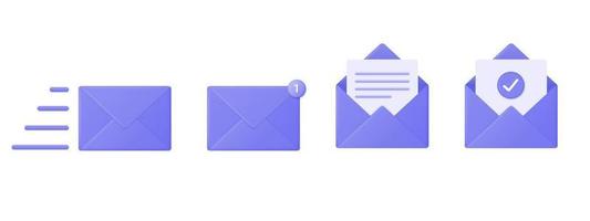 Ícones 3D de um envelope de correio roxo com um novo marcador de mensagem. notificação por e-mail com uma marca de seleção. vetor