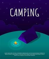 ilustração de paisagem noturna em estilo isométrico com tenda, fogueira, montanhas. fundo para acampamento de verão, turismo de natureza, acampamento ou conceito de design de caminhadas. poster vetor