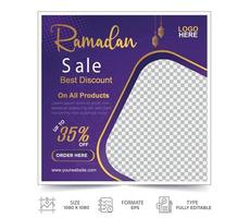 Modelo de postagem de mídia social islâmica de publicidade do ramadã. banner de venda eid al fitr. ilustração vetorial vetor