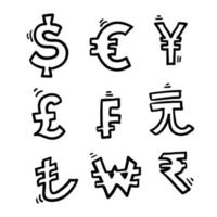 ícone de ilustração de símbolo de moeda doodle desenhado à mão isolado vetor