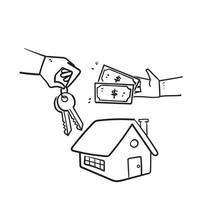 mão desenhada doodle mão dá chave para aluguel de casa ou vetor de ilustração de venda isolado