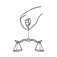 mão desenhada doodle mão segurando o símbolo de ilustração de escala de peso para o ícone do dia social da justiça isolado vetor