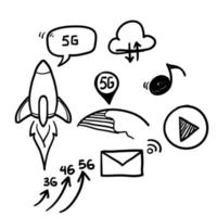 conceito de rede 5g de doodle desenhado à mão. telecomunicações de quinta geração, velocidade de conexão de internet rápida e conjunto de ilustração vetorial de redes de baixa latência vetor