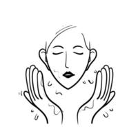 mão desenhada doodle mulher lavando o vetor de ilustração de rosto isolado