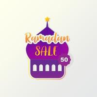 modelo de banner de distintivo de etiqueta de venda do ramadã com mesquita e fundo de design de cor roxa vetor