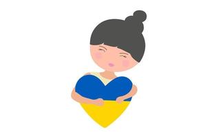 linda garota abraça o coração com bandeira de cor ucrânia. orar pela ucrânia e parar a ilustração vetorial de guerra vetor