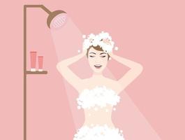 mulher tomando banho e lavando o cabelo na ilustração vetorial de banheiro. cuidados de beleza e conceito de higiene diária vetor