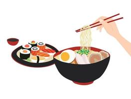 sushi de comida japonesa e ilustração vetorial de tigela de macarrão vetor