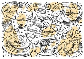 mão desenhada comida de ilustração vetorial linha sobre fundo branco. doodle cozinha bielorrussa, kletski, panquecas, babka, draniki, bebida de frutas, bolinhos, bruschetta, pepino, pão vetor