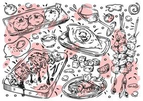 mão desenhada comida de ilustração vetorial linha sobre fundo branco. doodle cozinha georgiana, khachapuri adjaruli, churrasco mtsvadi, pkhali, saperavi, vinho, granada, queijo sulguni vetor